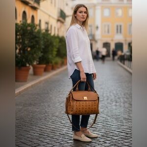 MCM Cognac Leather Satchel with Logo Print